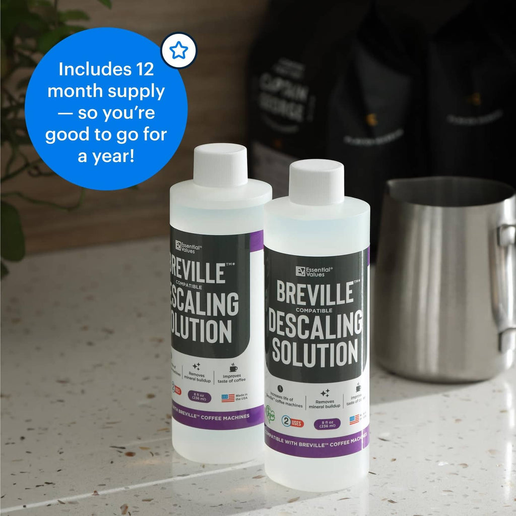 Two Breville-compatible descaling solution bottles on a kitchen counter