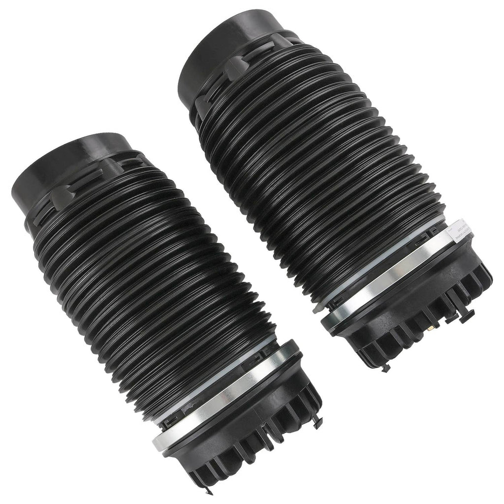 Two black ribbed air suspension spring bags with mounting caps and metal rings