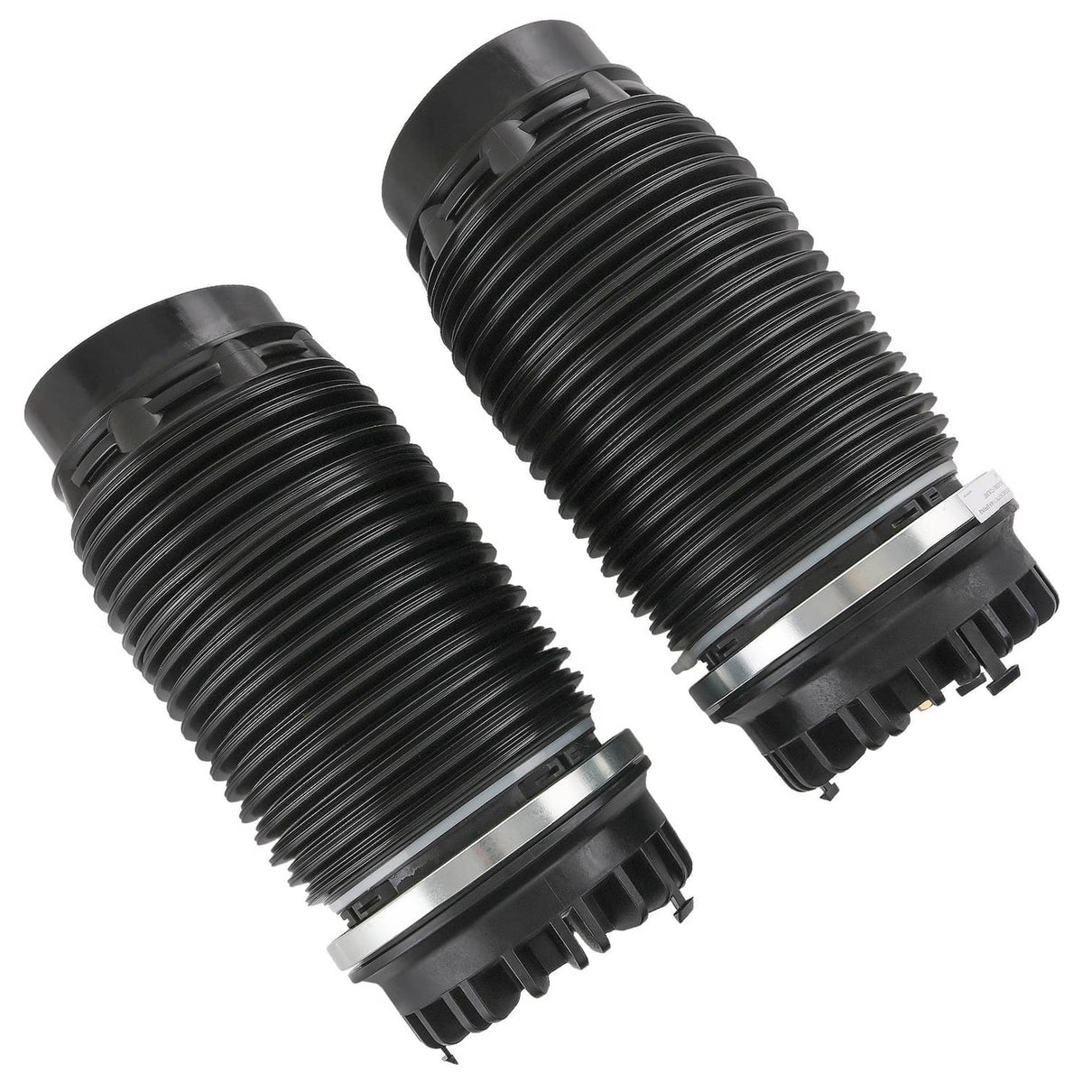 Two black ribbed air suspension spring bags with mounting caps and metal rings