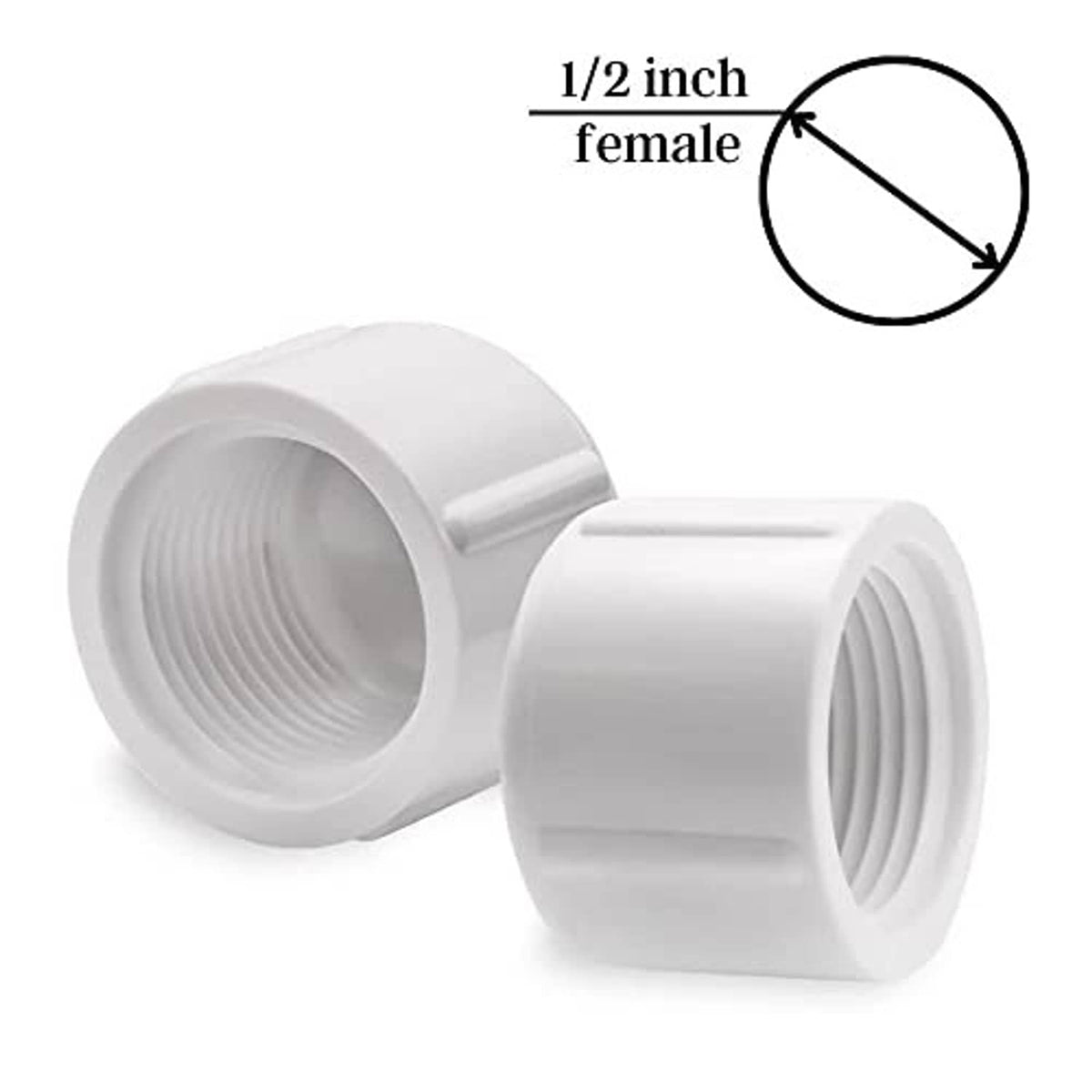 White PVC female pipe caps, 1/2 in FNPT, two-pack, threaded openings visible