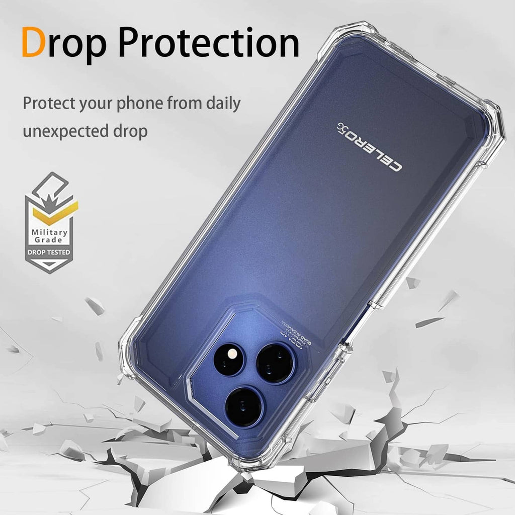 Clear protective phone case with shock-absorbing corners and camera cutout