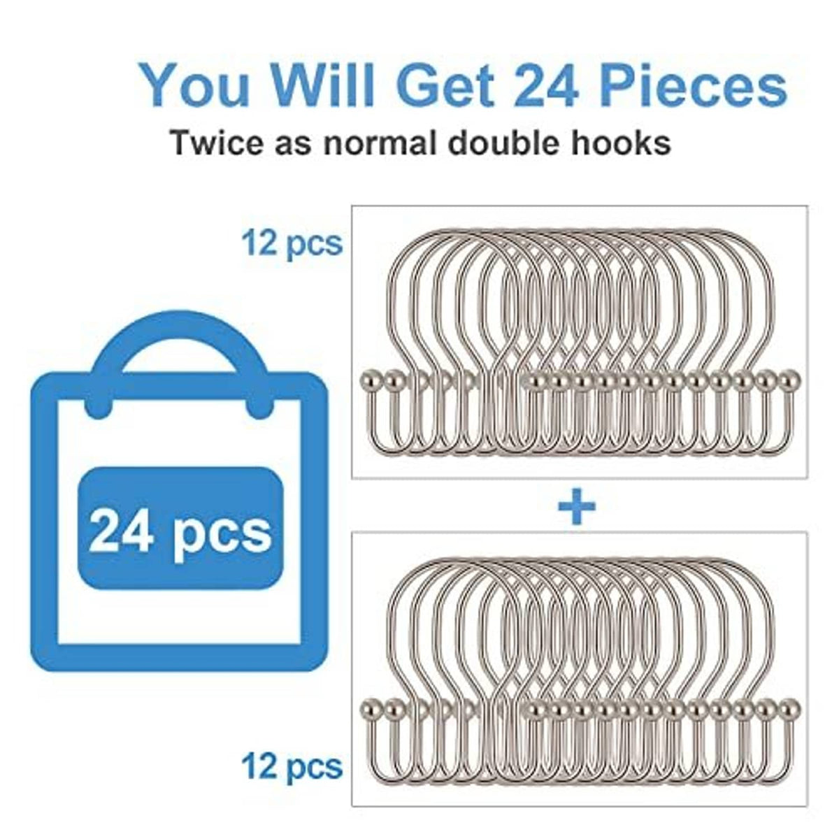 24-pack double shower curtain hooks, twin U shape with ball tips, shiny stainless steel