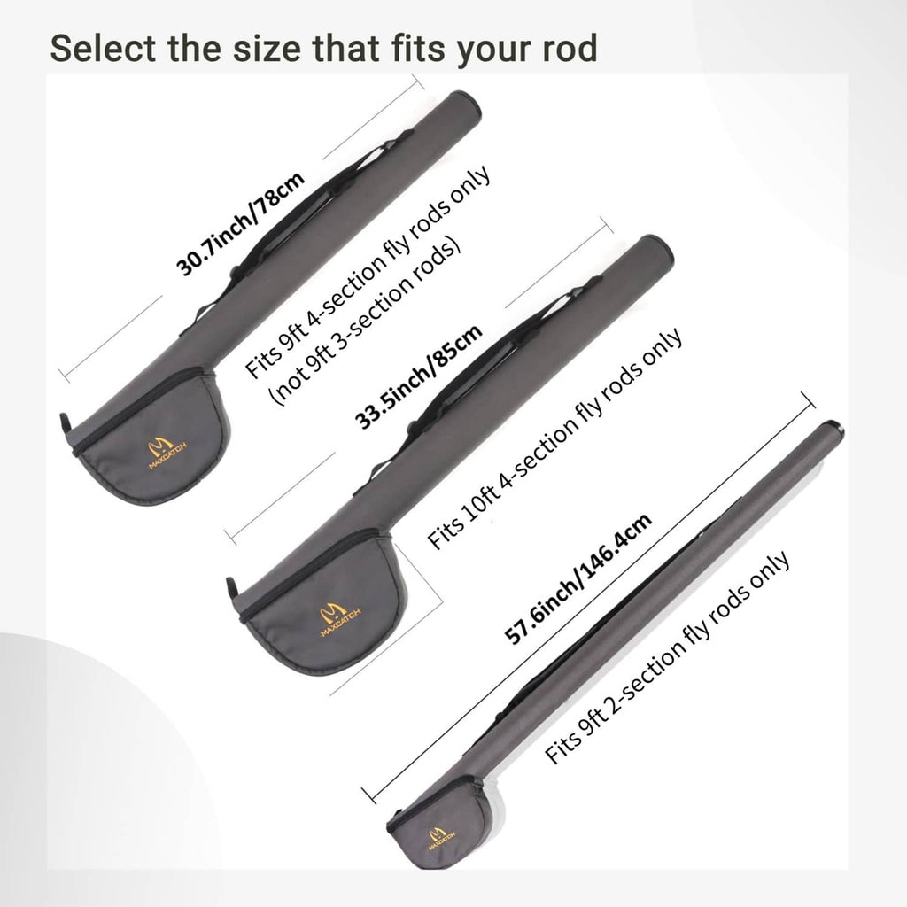 Grey 4-section fly rod case with two end sleeves and zippered reel pouch