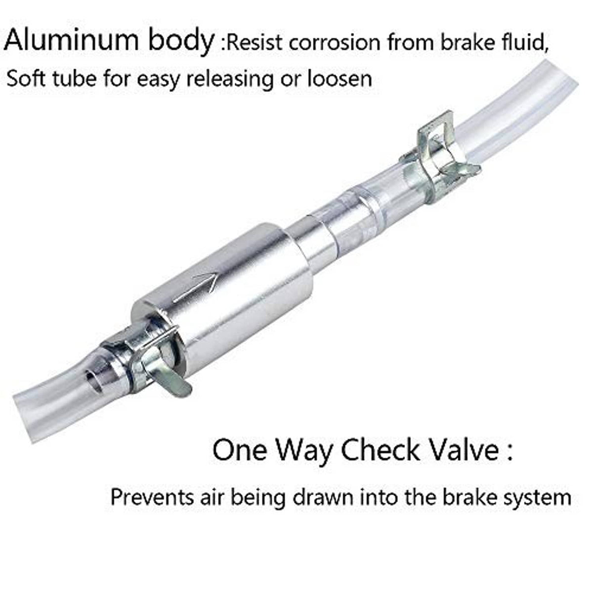 Aluminum brake bleeder hose with one-way check valve and clear flexible tube