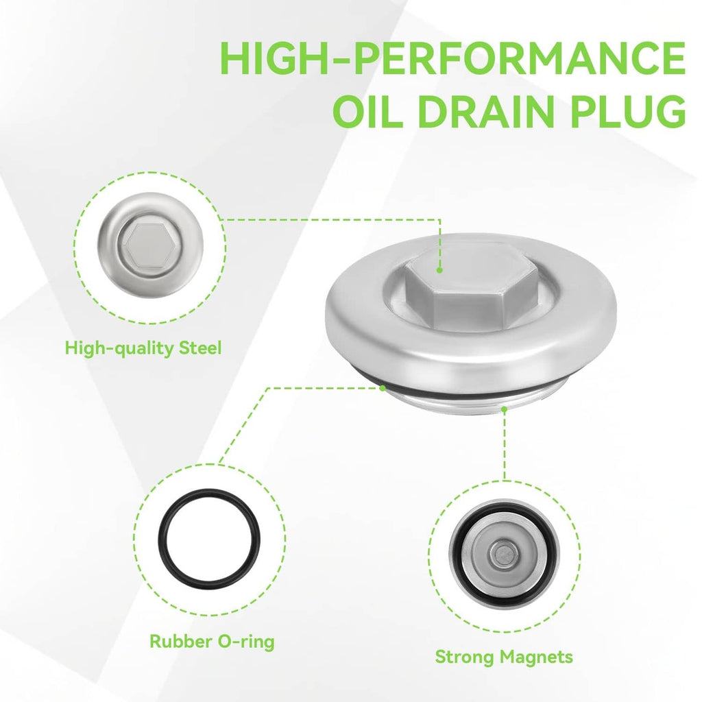 Oil drain plug with steel cap, rubber O-ring, and magnet base details.