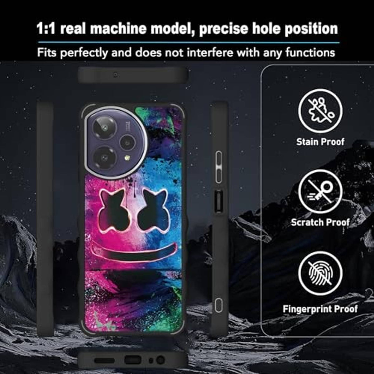 Phone case with neon cat graffiti print and precise button/port cutouts, black sides