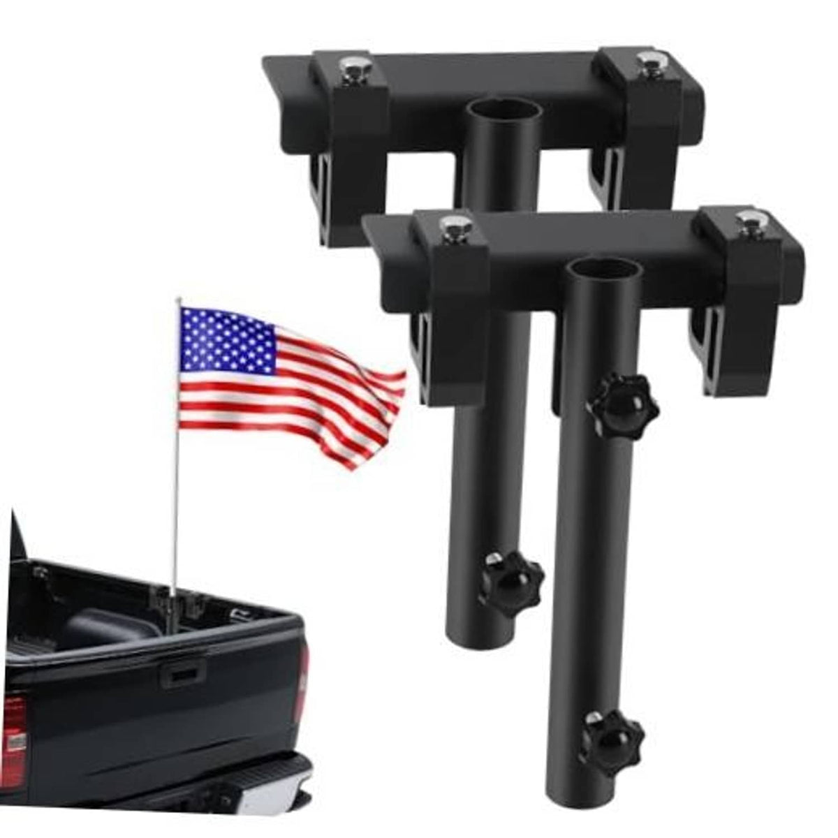Black truck bed flag pole mount kit with two clamp bases and pole holders