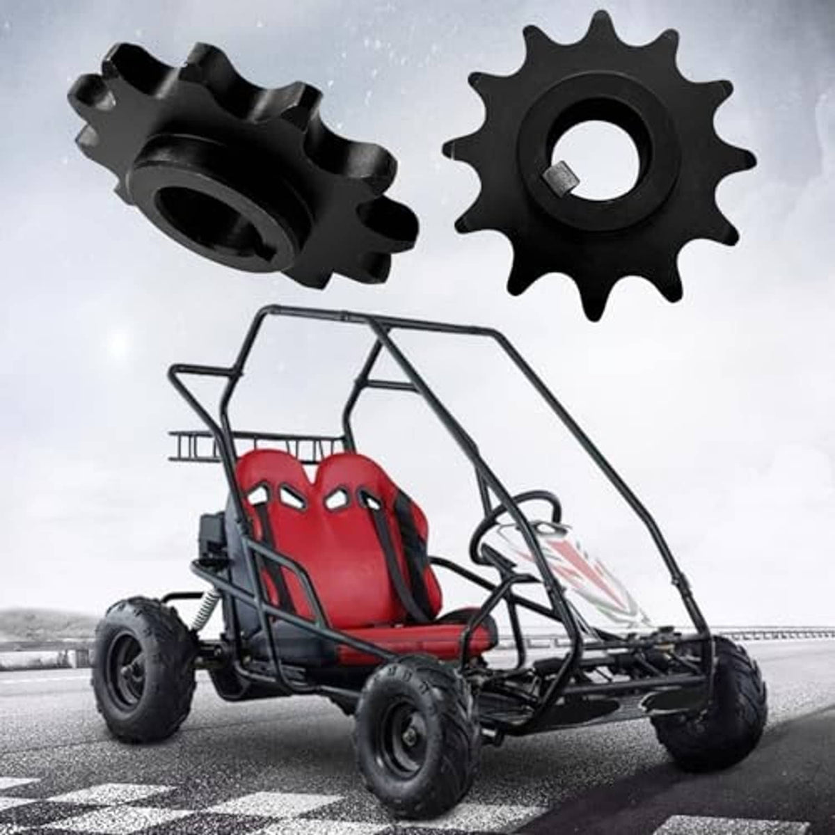 Black sprocket with keyway, shown with another sprocket piece above a go-kart