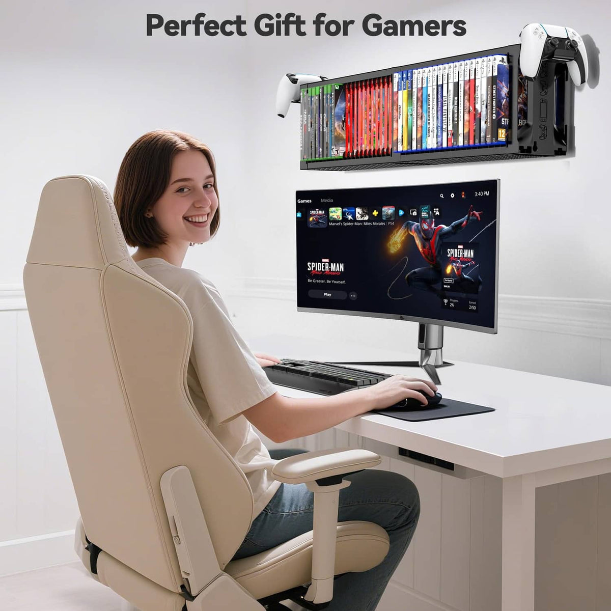 Wall-mounted black two-tier game disc rack tower for storing game cases