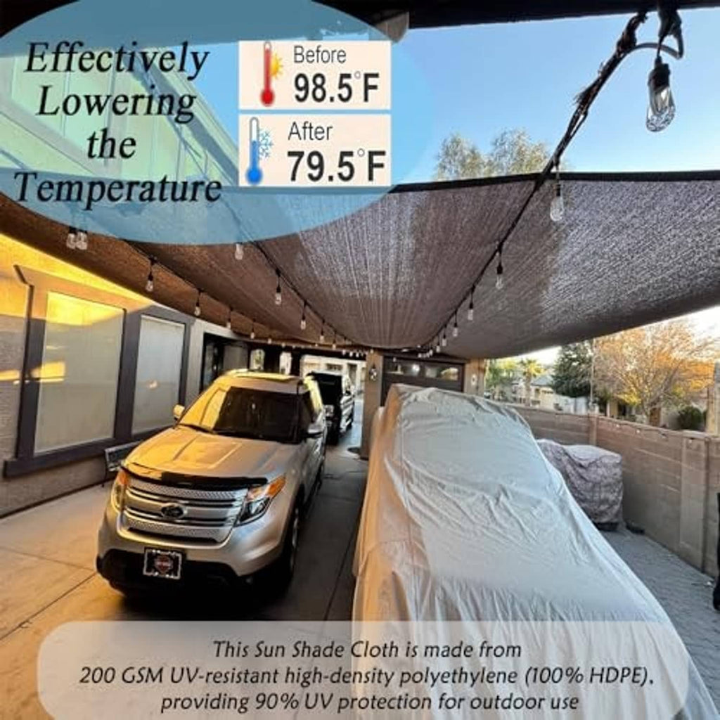 Brown woven shade cloth draped overhead on outdoor patio cover with fastening clips