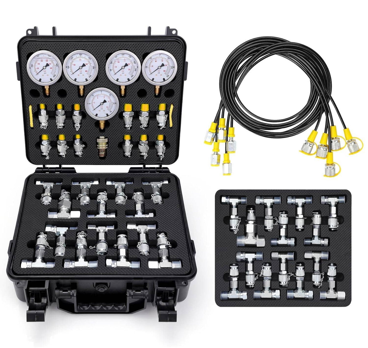 Hydraulic pressure test kit set with five gauges, fittings, and coiled hose in case
