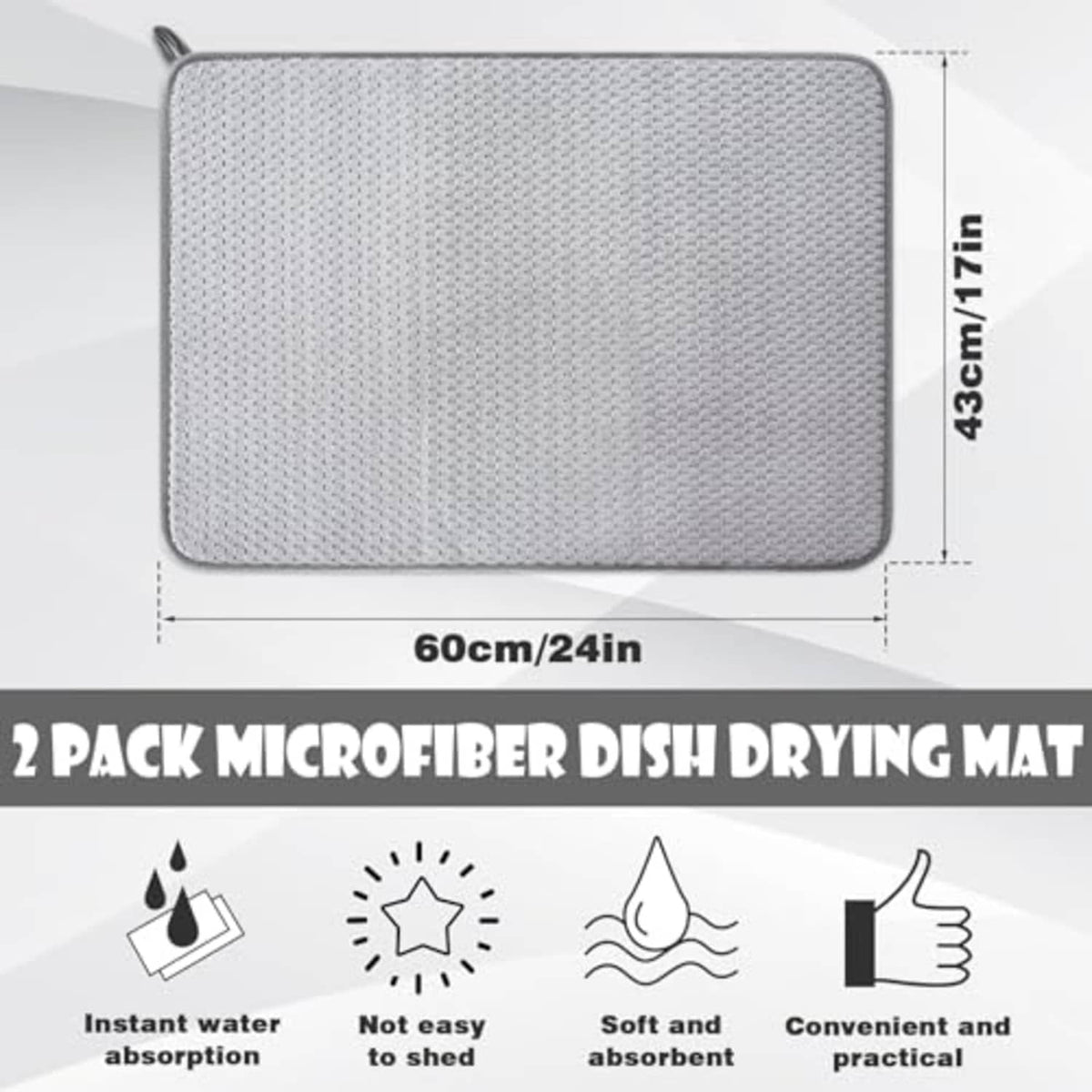 Gray microfiber dish-drying mat, 24 x 17 in; rectangular gray drying pad with rounded corners.