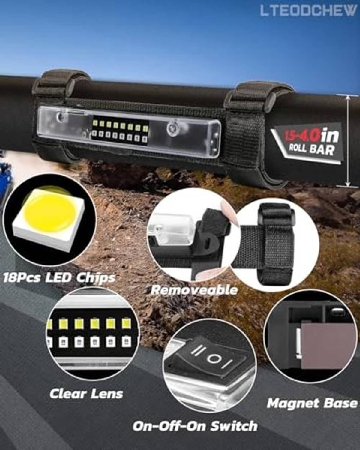 Roll-bar LED light bar with clear lens, black housing, on-off switch, strap mounts