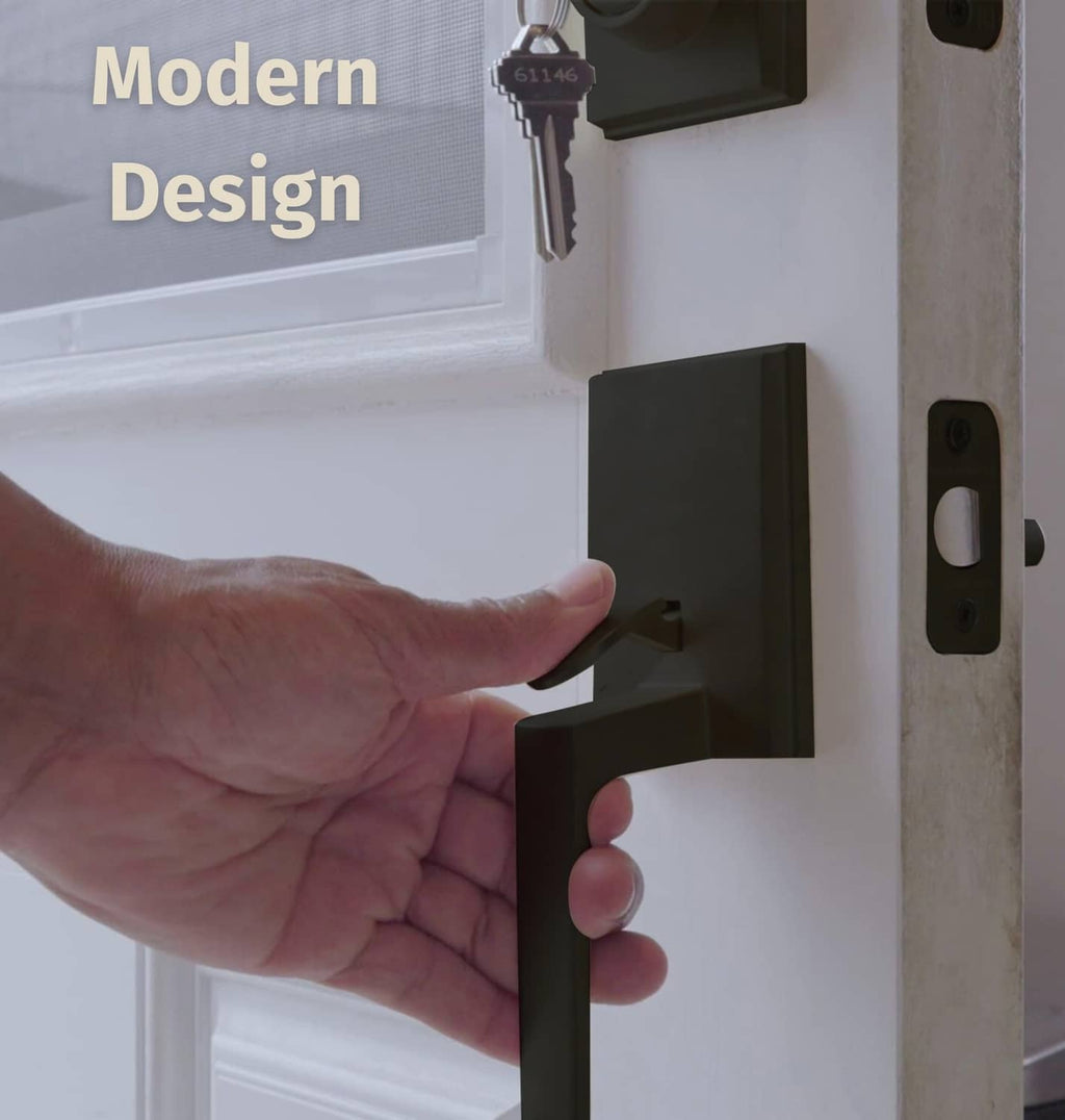 Matte black door lever and lock set with thumb latch on entry door