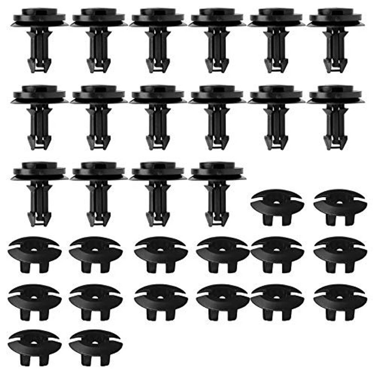 Assorted black front air deflector retainer clips and grommets, 32-piece layout