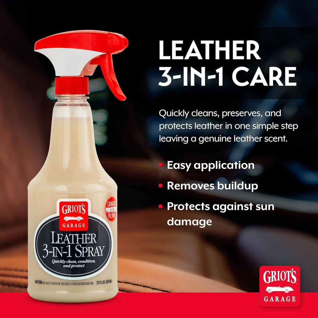 Leather 3-in-1 spray bottle with red trigger and cream-colored liquid