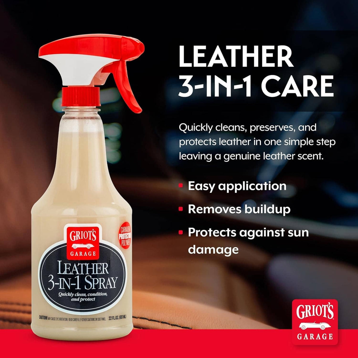 Leather 3-in-1 spray bottle with red trigger and cream-colored liquid