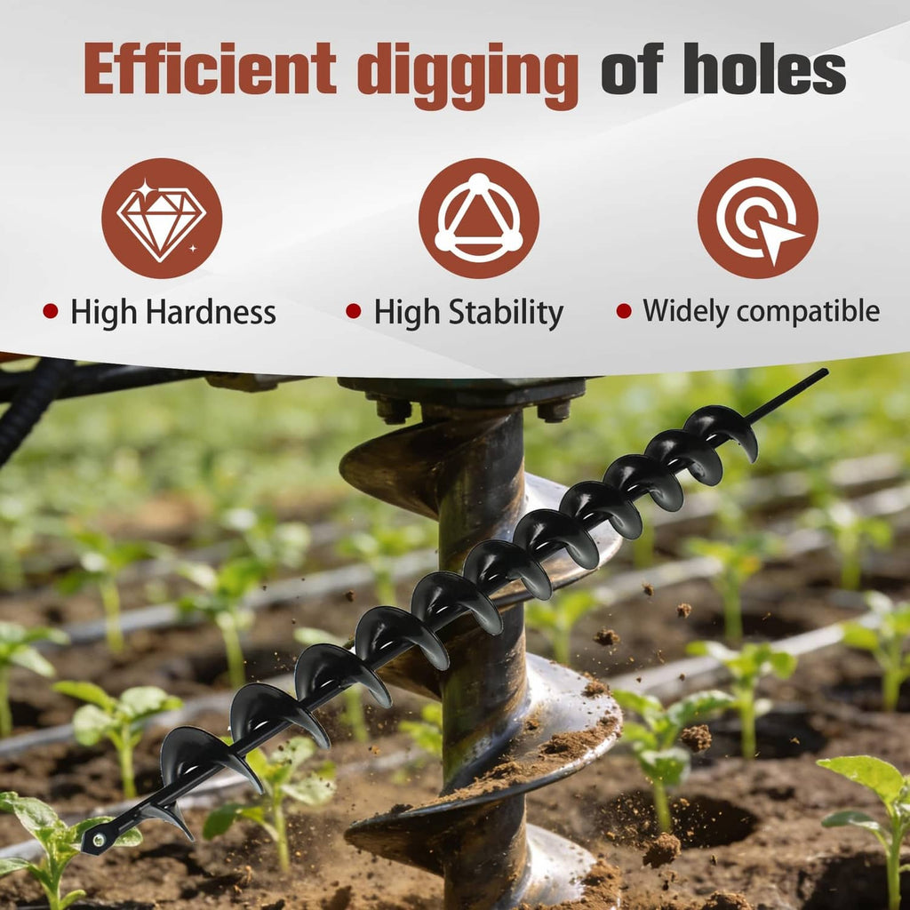 Black spiral auger drill bit attached to a drill, piercing soil