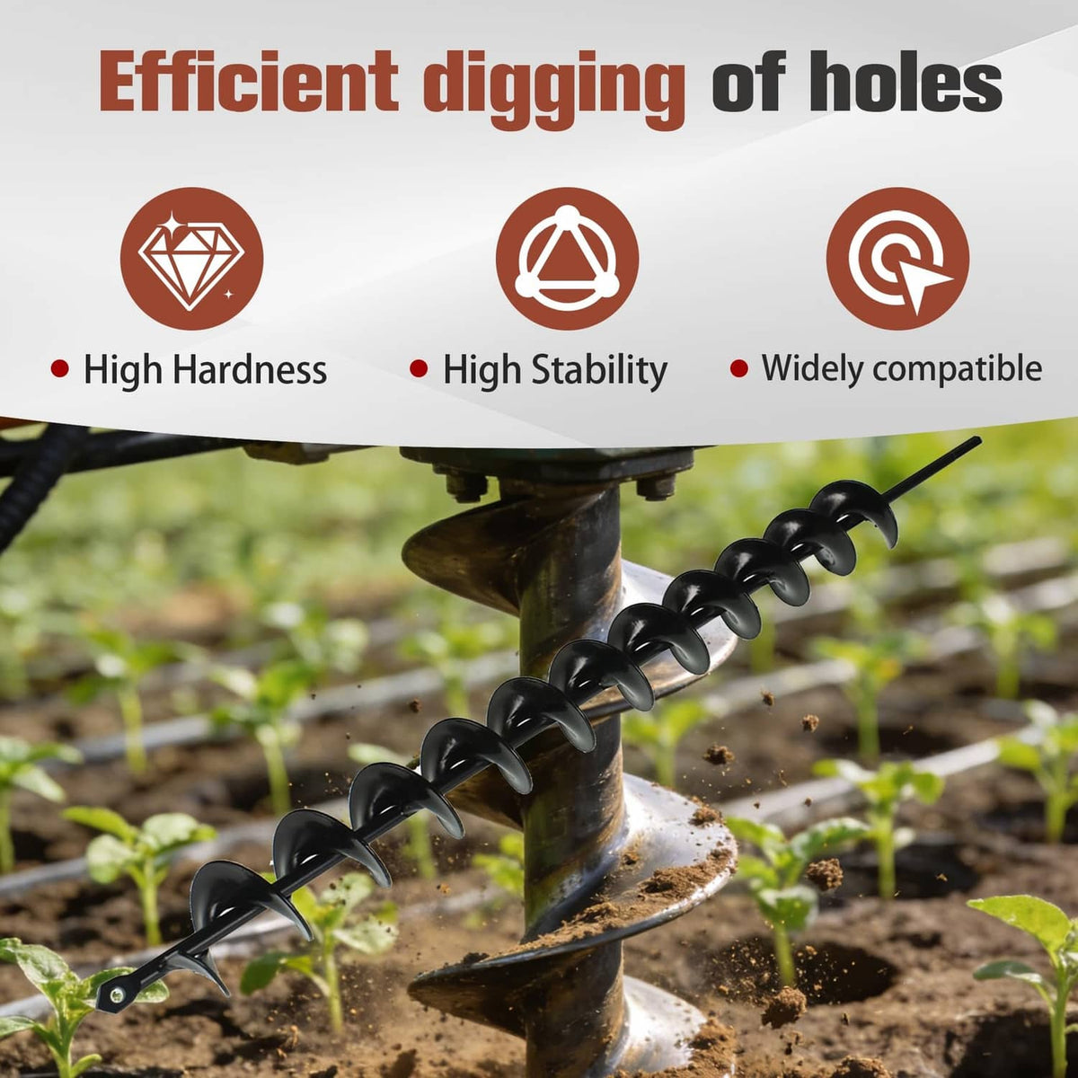 Black spiral auger drill bit attached to a drill, piercing soil