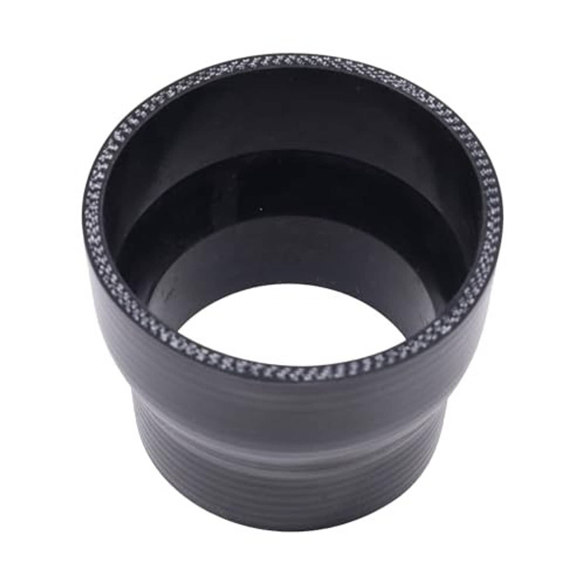 Black silicone hose reducer coupler, reinforced rim, ribbed exterior short connector