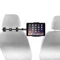 Backseat tablet and smartphone car mount with clamp arms holding a tablet on headrests