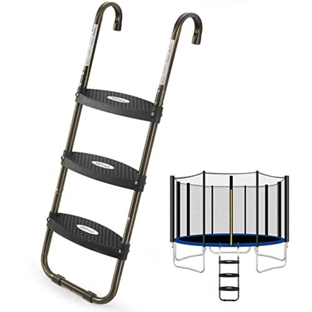 Trampoline step ladder with three horizontal wide steps and non-slip tread