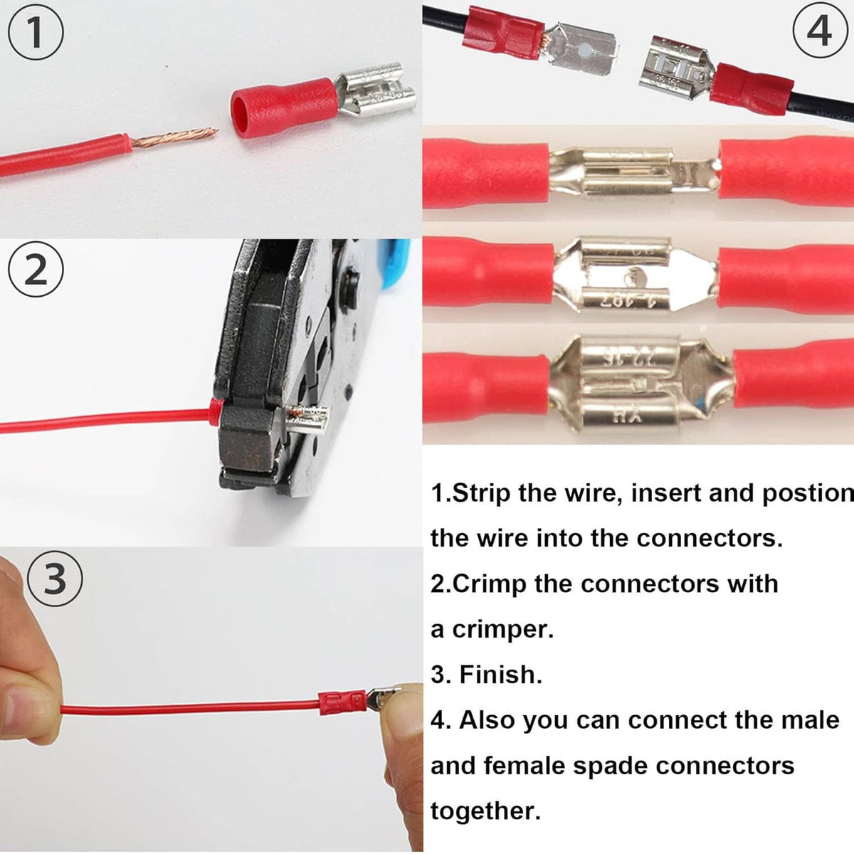 Red insulated wire crimp connectors with metal terminal inserts shown in stages