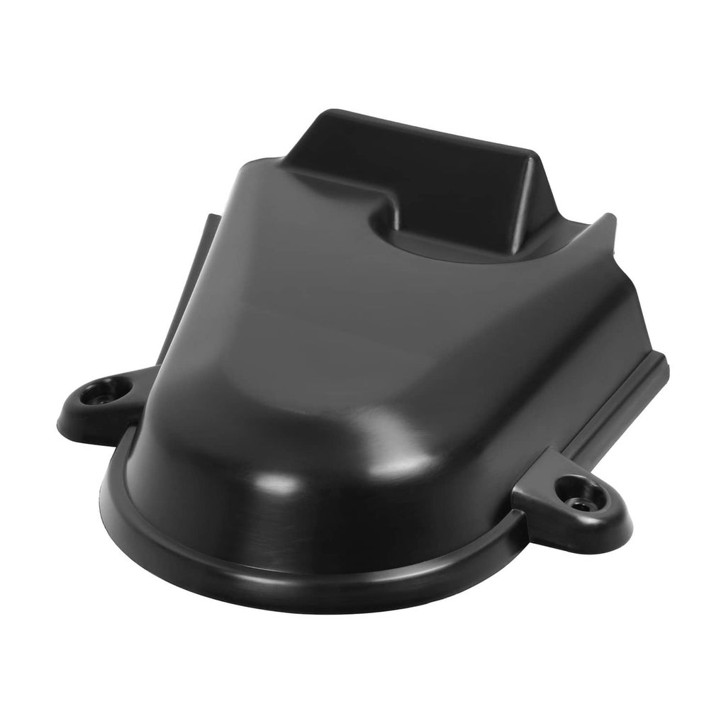 Left-side deck pulley cover, black molded plastic with side tabs and mounting holes