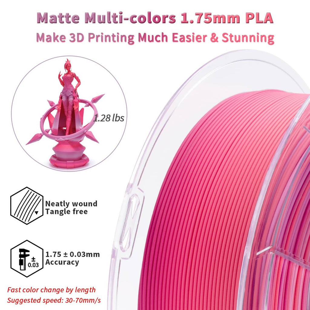 Pink matte PLA filament wound in neat rows inside a clear reel package