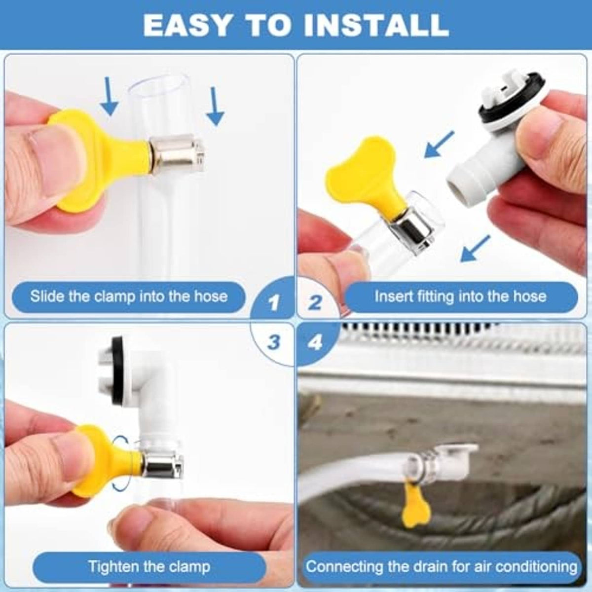 AC drain hose connector parts with clamp, white fitting, and step-by-step installation setup