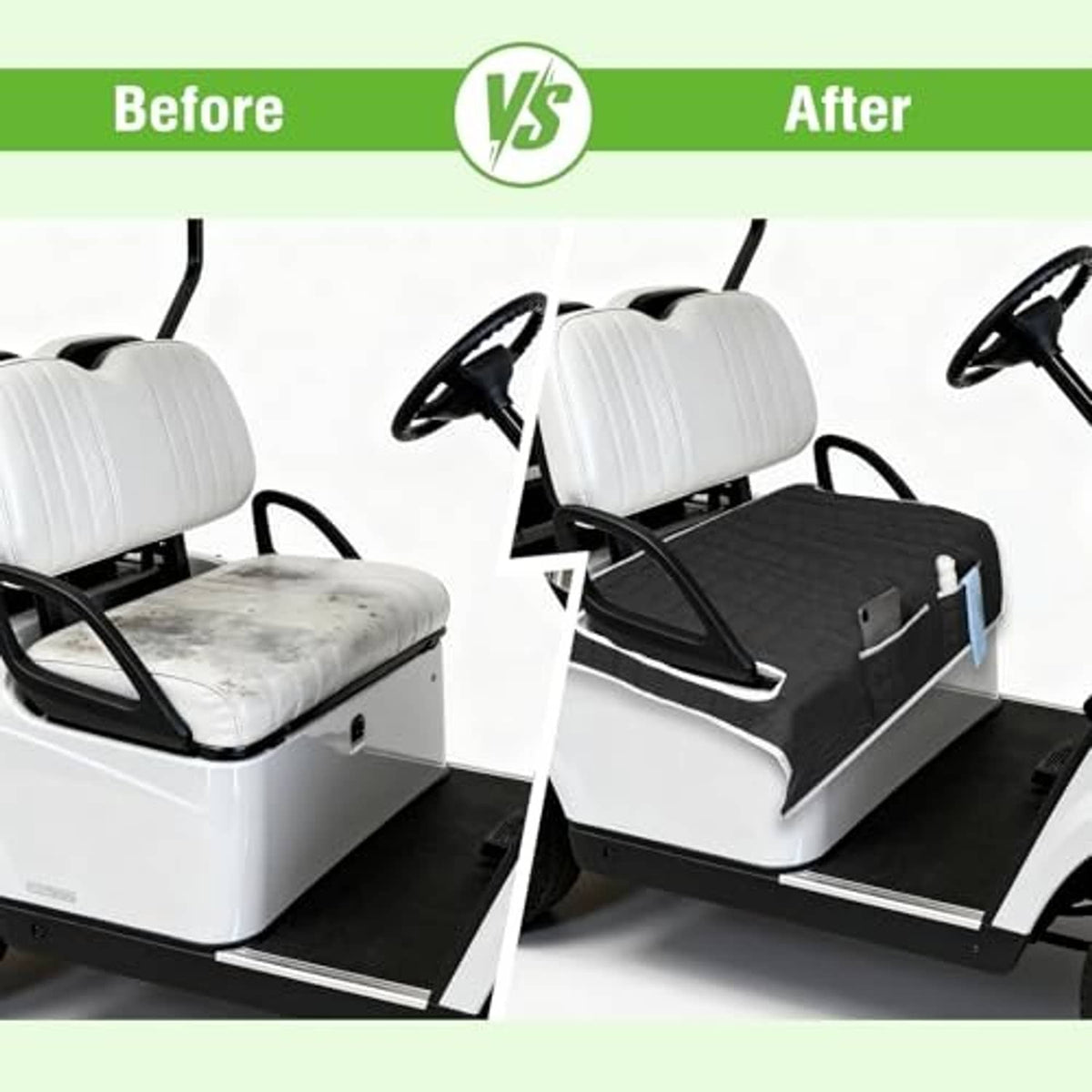 Black golf cart bench seat cover upgrade over a light seat cushion, with pockets.