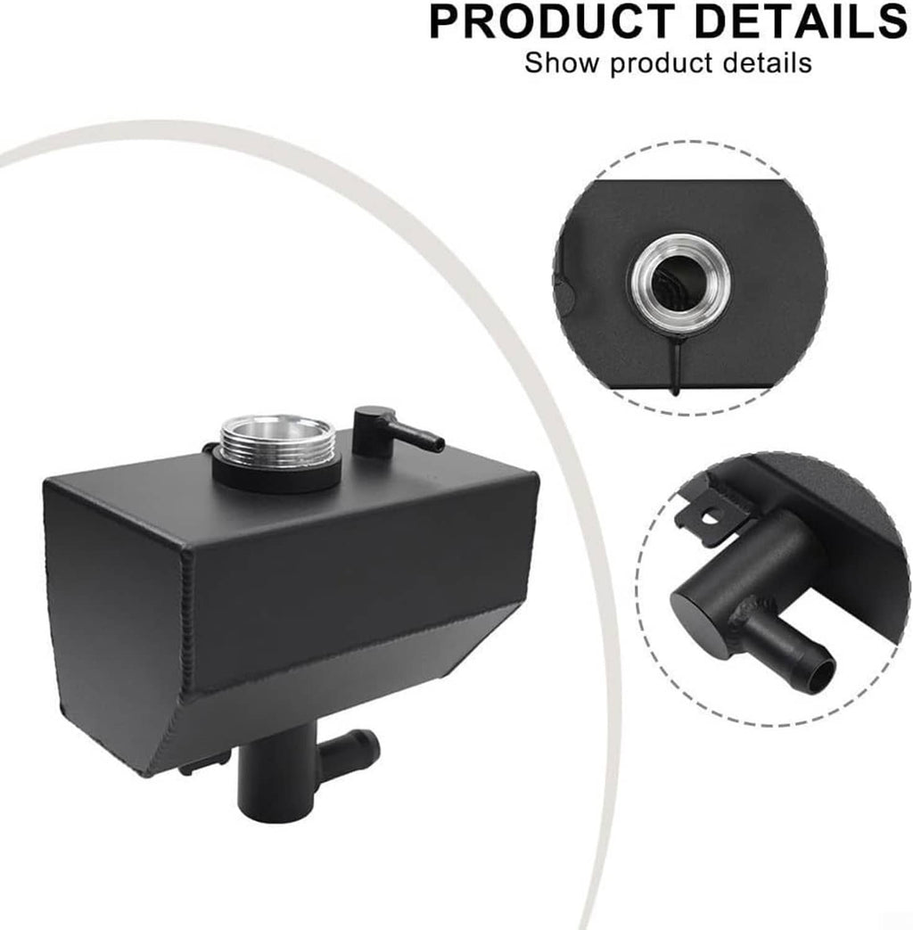 Engine coolant reservoir with black housing and threaded metal cap opening