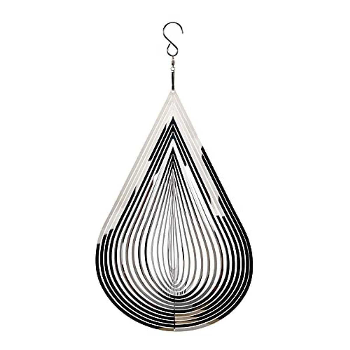Teardrop wind spinner with black-and-silver spiral slats and top hanging loop