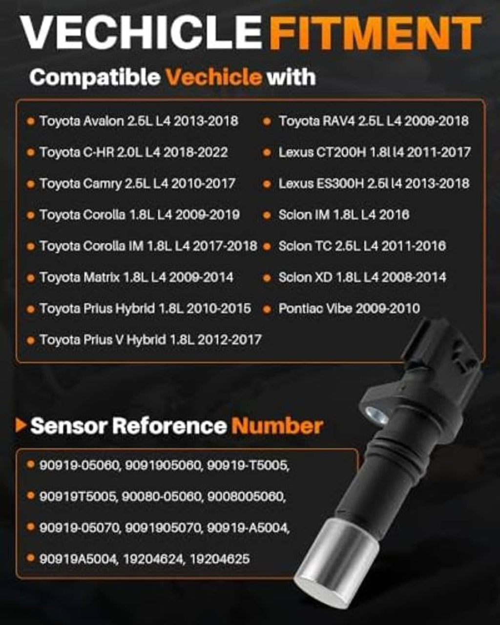 Camshaft position sensor with black connector and silver metal terminal, on reference graphic