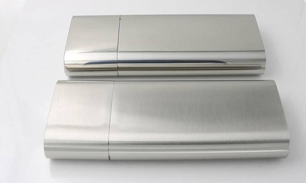 Stainless steel cigar case with flask tube, two closed units with reflective finish