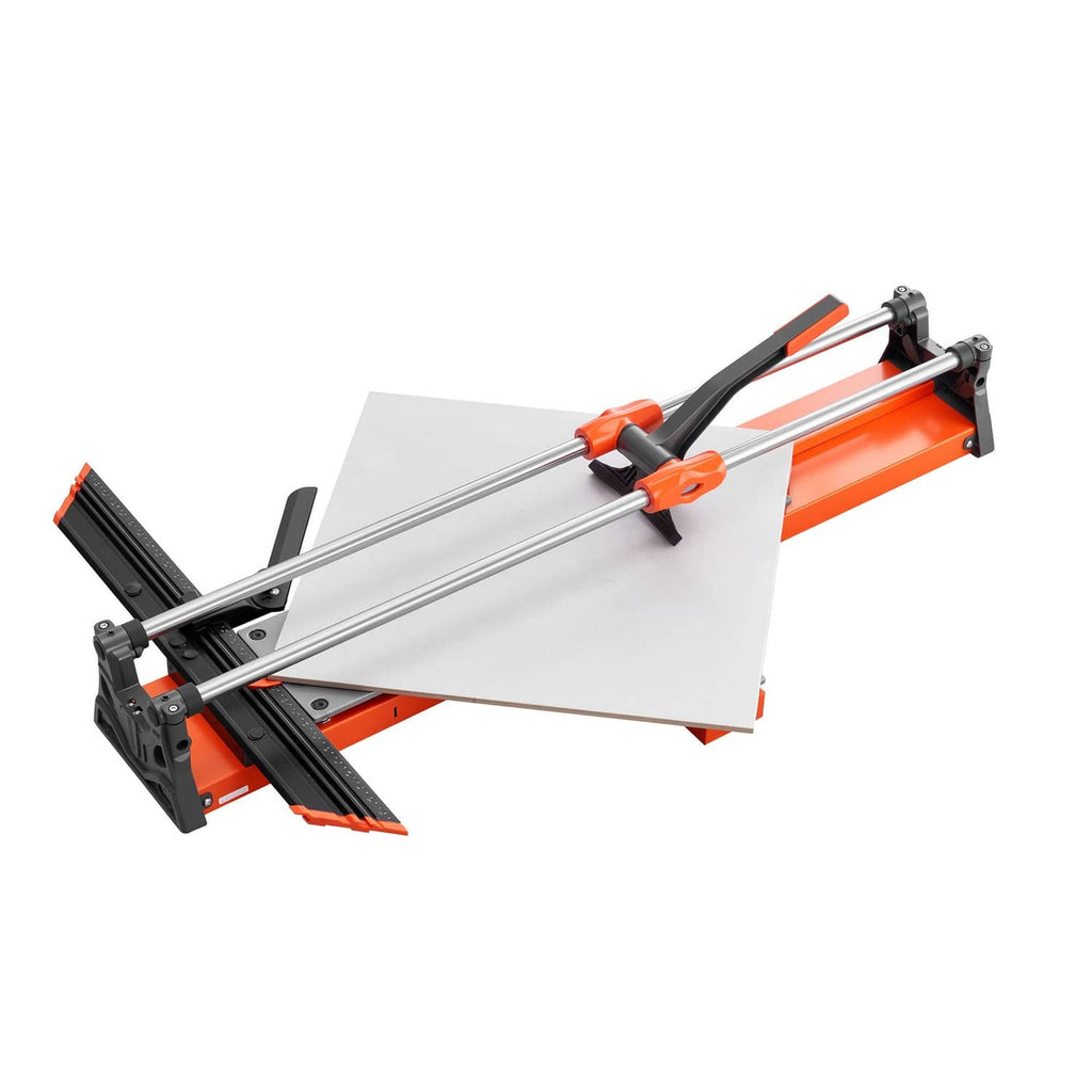 Manual tile cutter with orange clamps holding a light tile on the cutting rails