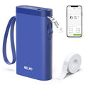 Blue handheld label maker with wrist strap, tape roll, and Bluetooth app on phone