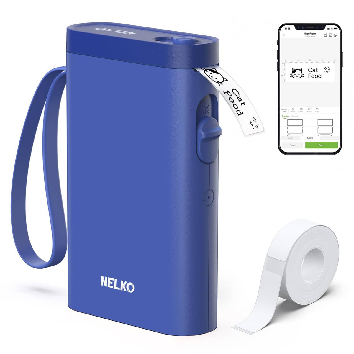 Blue handheld label maker with wrist strap, tape roll, and Bluetooth app on phone