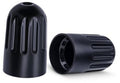 Black TPMS long-stem tire valve caps with ribbed side vents, two-piece close-up