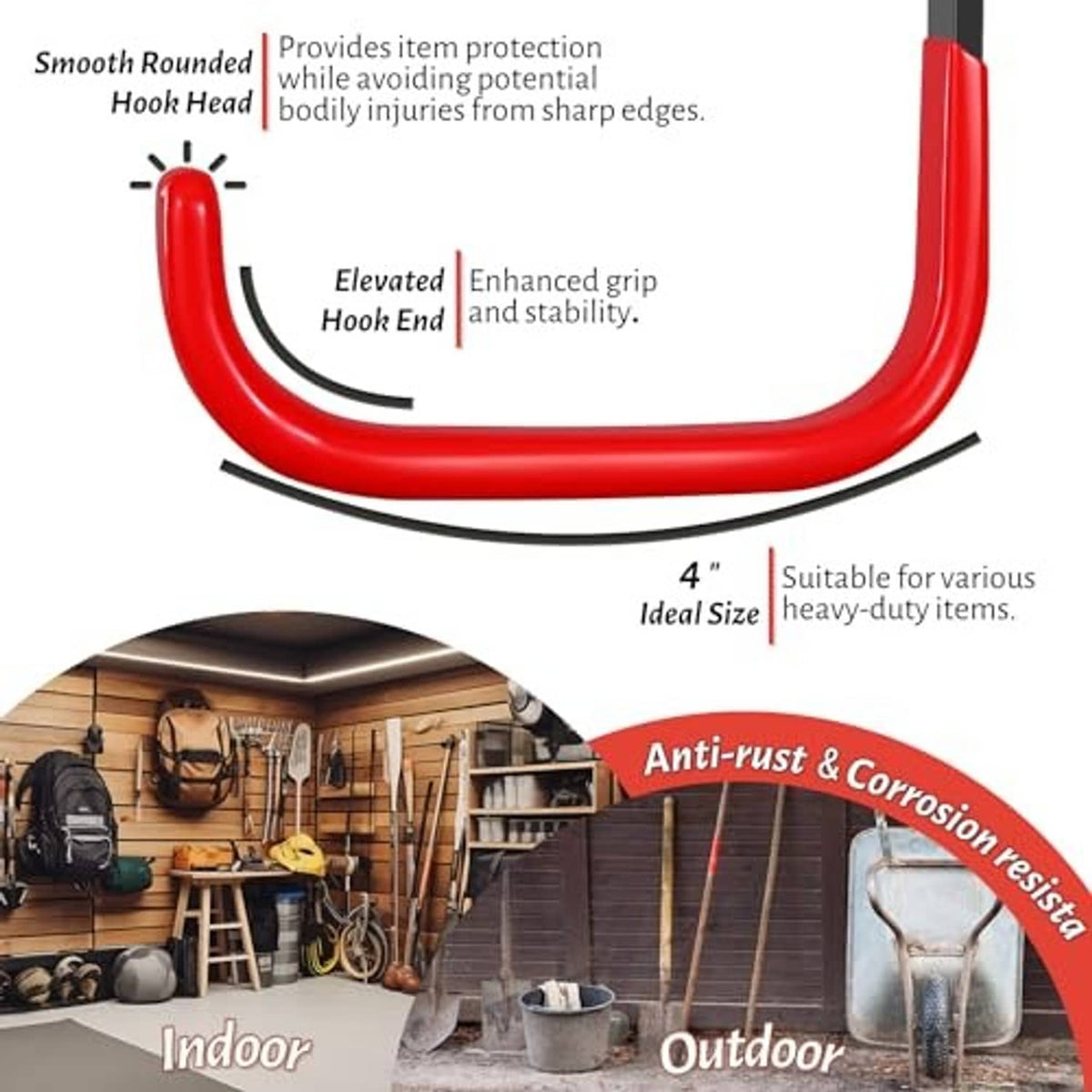 Red U-shaped wall hook with smooth head, anti-rust grip, indoor/outdoor use icons