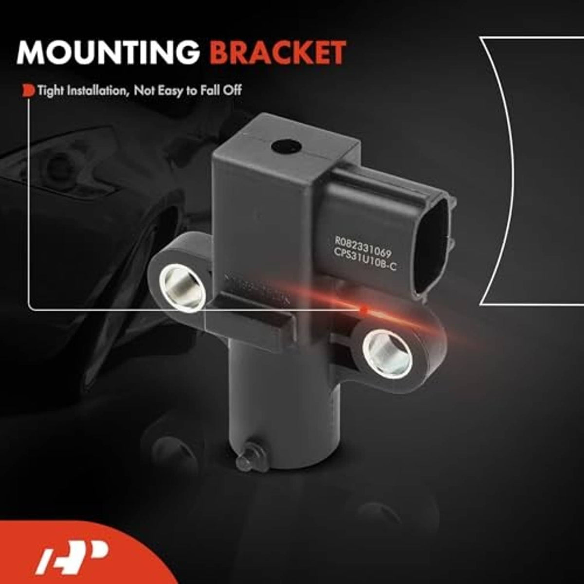 Engine crankshaft position sensor with mounting bracket, black housing, and metal pins