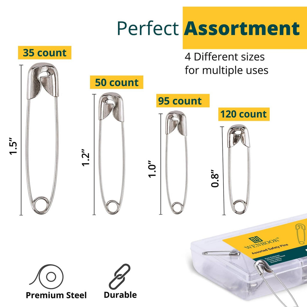 Assorted safety pins set with four sizes for multiple uses