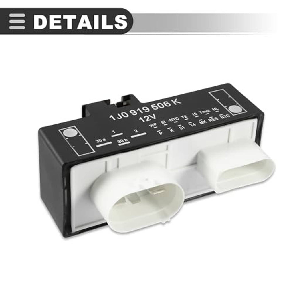 Black relay control module showing front label, white multi-pin connector, and housing details