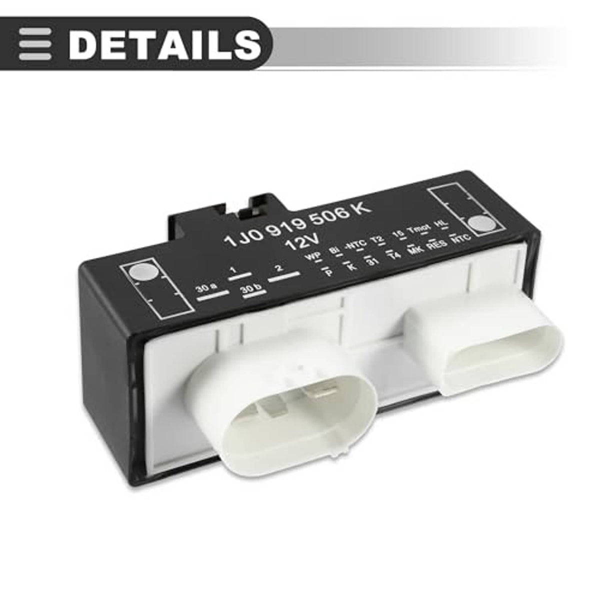 Black relay control module showing front label, white multi-pin connector, and housing details