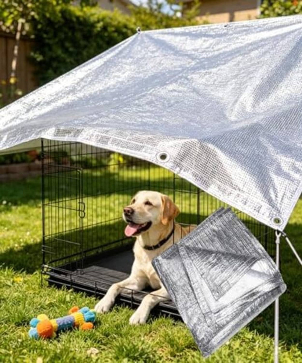 Silver aluminum sun shade cloth canopy with grommeted corners and reinforced hem