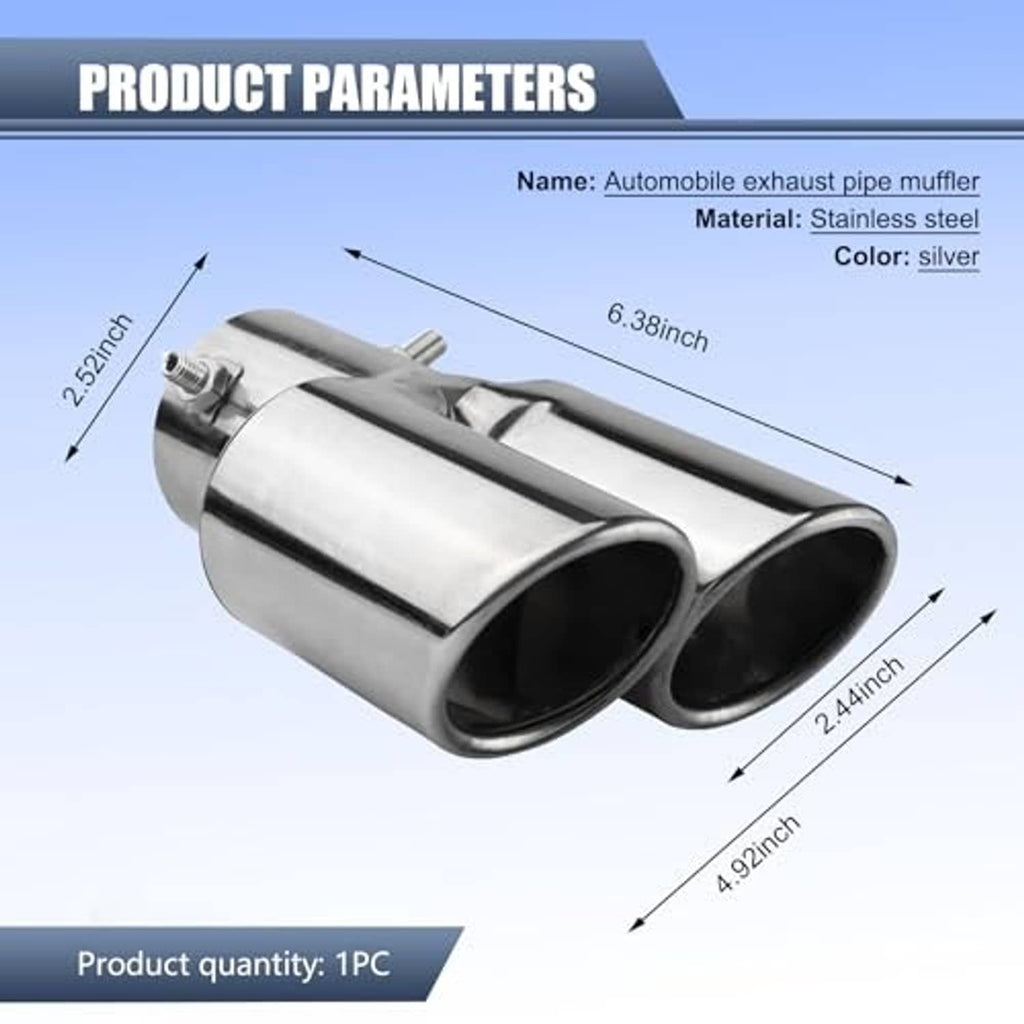 Stainless steel dual-outlet exhaust muffler tip with two round outlets and mounting bolt