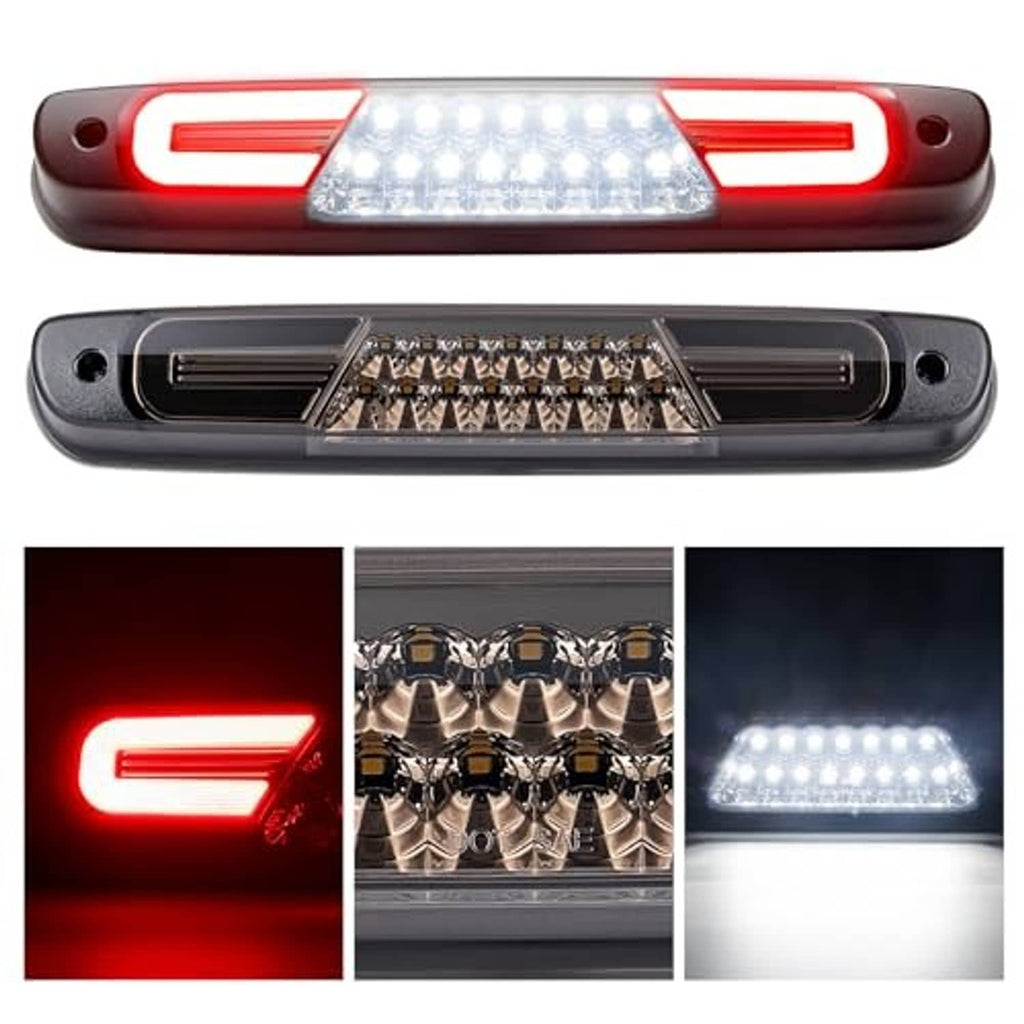 Smoked-lens LED third brake light pack view with red side LEDs and clear LED center