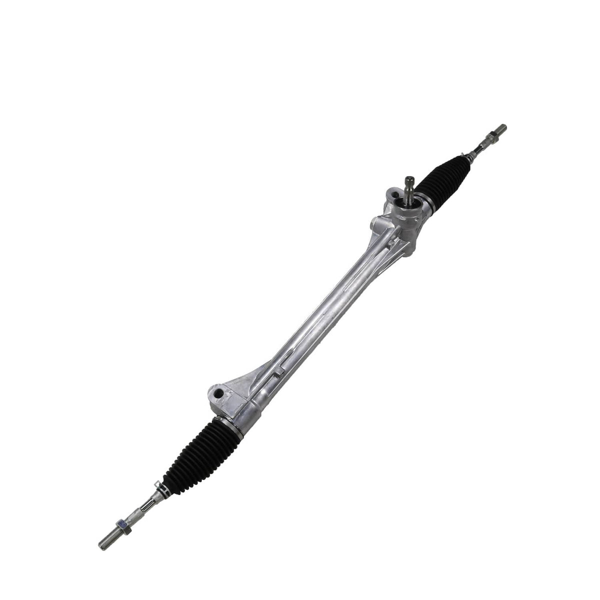 Power steering rack and pinion with black rubber boots and central mounting joint.