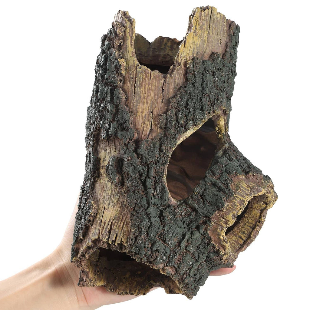 Aquarium log ornament showing a large front cave opening and side tunnel cutout