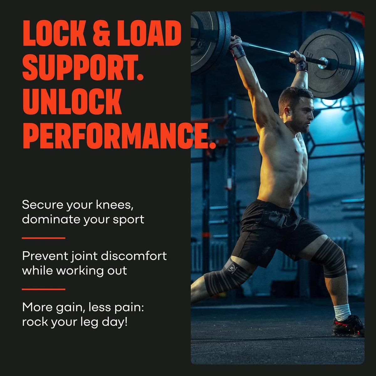 Black knee wraps worn on lifter’s knees during gym training with barbell